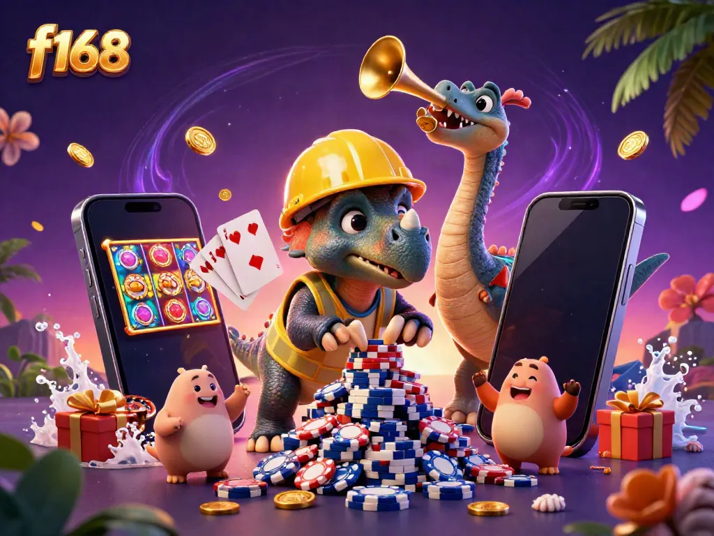 Experience thrilling gaming with f168, as our cartoon triceratops builds a poker chip pyramid in a festive casino atmosphere.