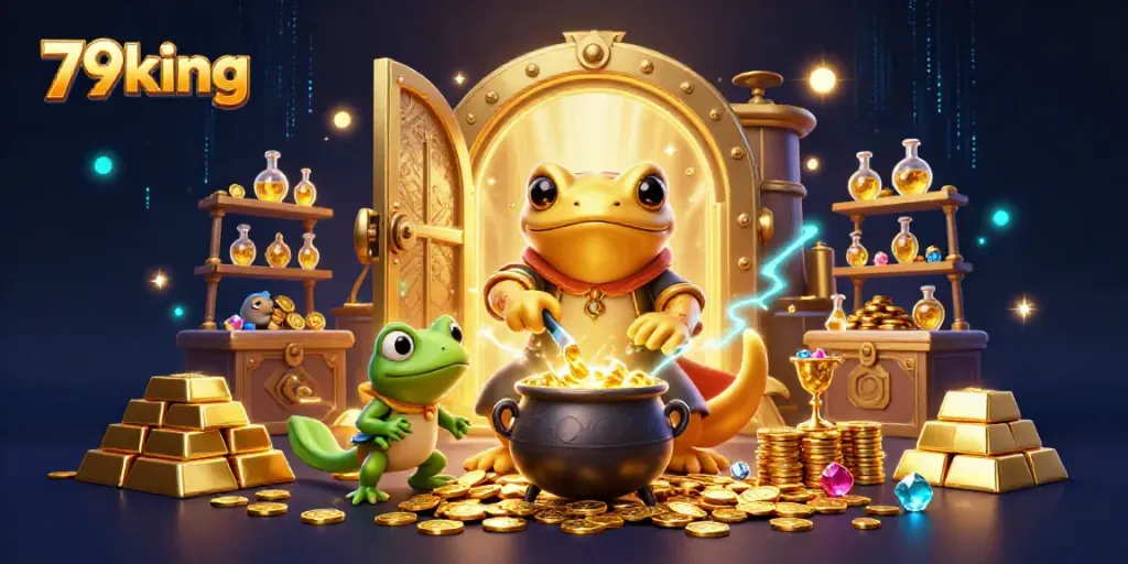 Experience 79king's magical gold transformation in a vibrant casino scene with shimmering treasures.