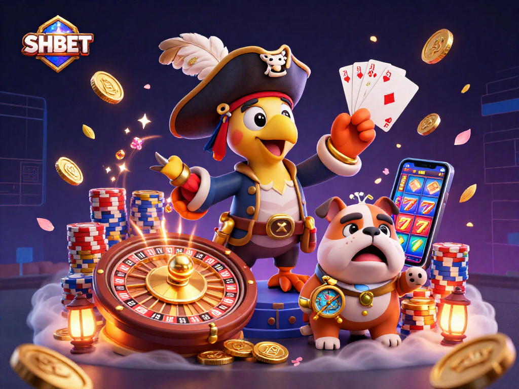 Experience thrilling casino action with SHBET, featuring dynamic characters amidst sparkling rewards.