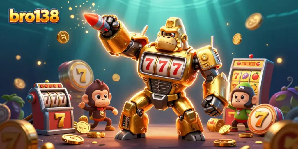 Experience thrilling wins with bro138 slot-themed 3D illustration featuring a golden gorilla mech.