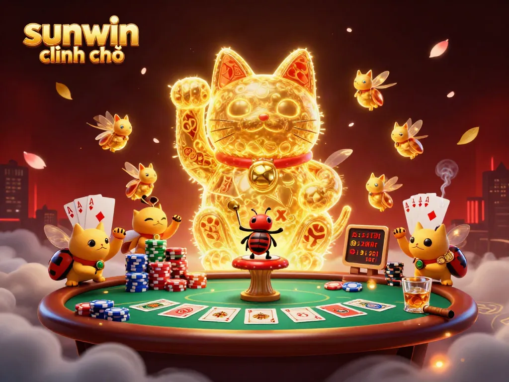 Win big with sunwin chính chủ as a giant lucky cat waves among vibrant casino elements.