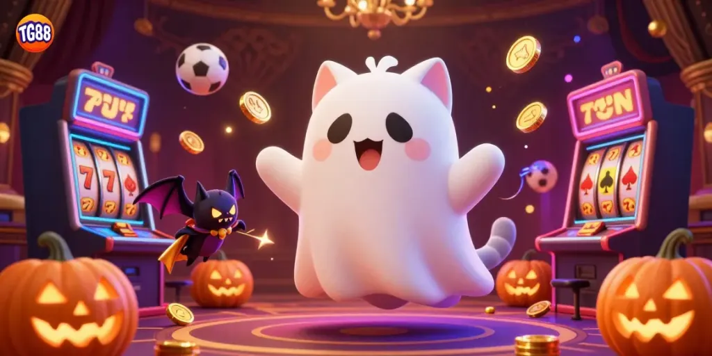 Experience the thrilling atmosphere of TG88 with a ghost cat and vampire bat in a vibrant casino scene.