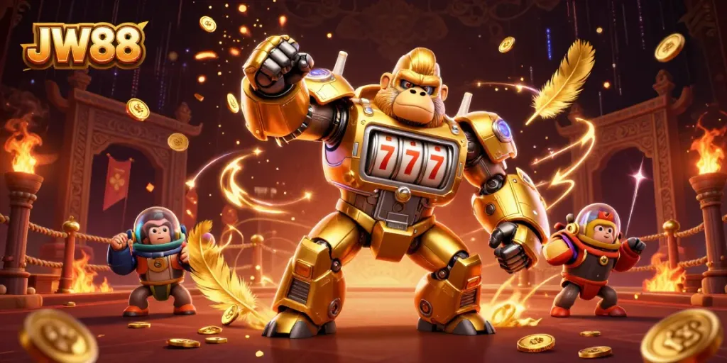 Engage in thrilling gaming with JW88, showcasing a golden mech gorilla and dynamic casino elements.