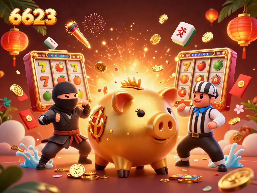 Engage with 6623's online casino excitement as a giant golden piggy bank sumo wrestler shakes loose coins in a thrilling scene.