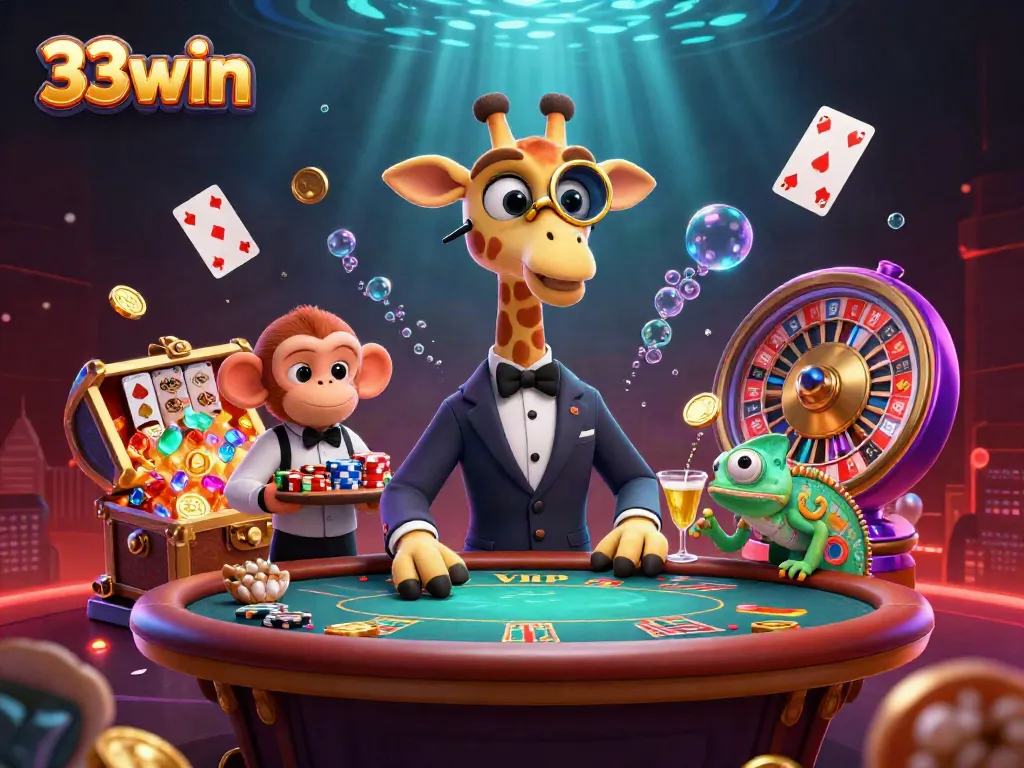 Experience high-stakes fun with 33win's vibrant casino scene featuring a giraffe and friends.