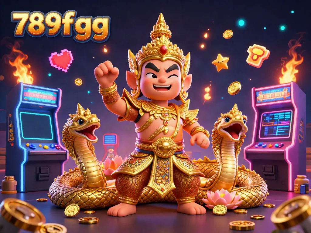 Engage with vibrant gameplay elements at 789f gg casino, featuring Naga guardians and glowing arcade machines.