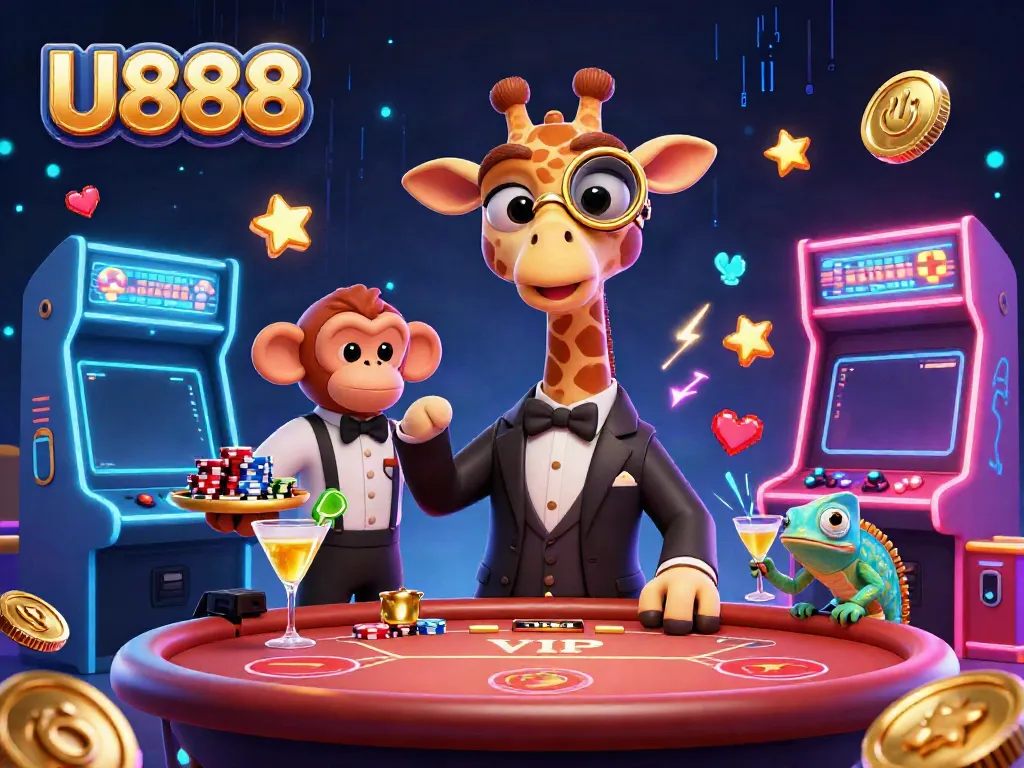 U888 showcases a playful casino scene with a giraffe, monkey, and chameleon in action.