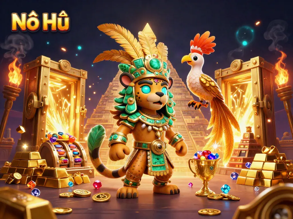 Nổ Hũ casino scene with a Mayan priest and quetzal bird, filled with treasures and vibrant colors
