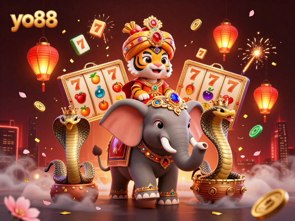 yo88 showcases a vibrant 3D illustration featuring a tiger, elephant, and cobra amidst dynamic slot game elements.
