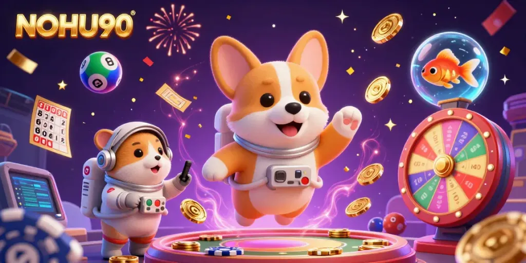 Experience the thrill of NOHU90 with cosmic gambling elements and characters in a dynamic casino scene.