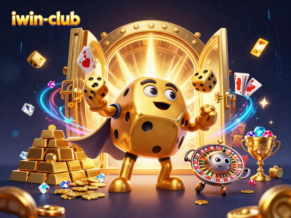 Engage with the vibrant world of iwin-club featuring cartoonish golden dice characters amidst dazzling casino elements.