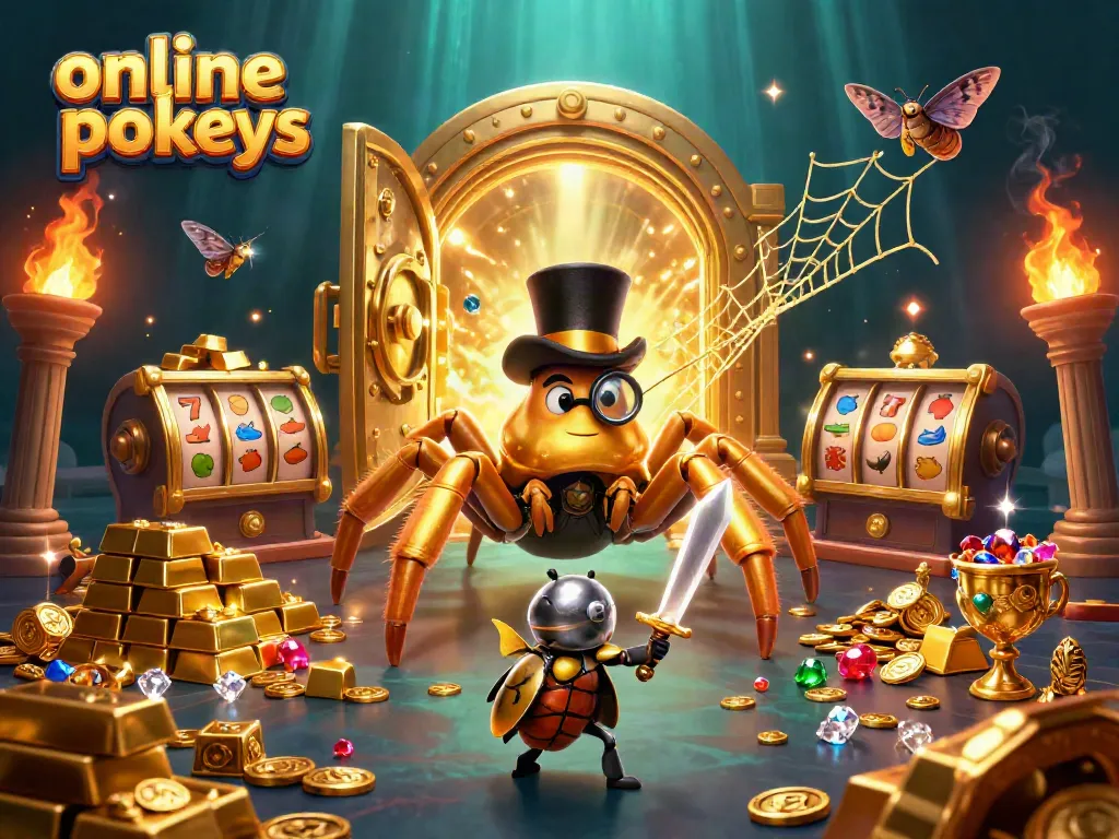 Experience thrilling online pokies action with a cartoon tarantula, beetle knight, and vibrant casino elements.