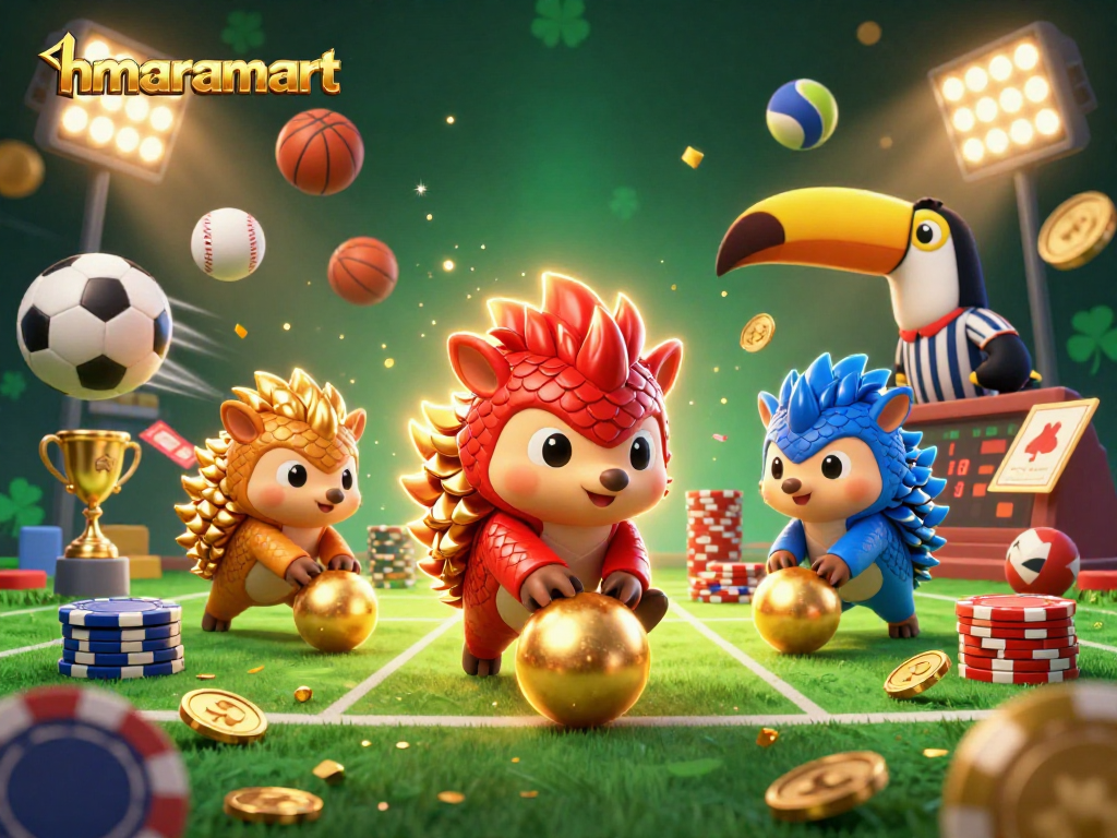 Experience thrilling sports betting action with hmaramart's vibrant 3D pangolins, golden trophies, and dynamic gameplay.