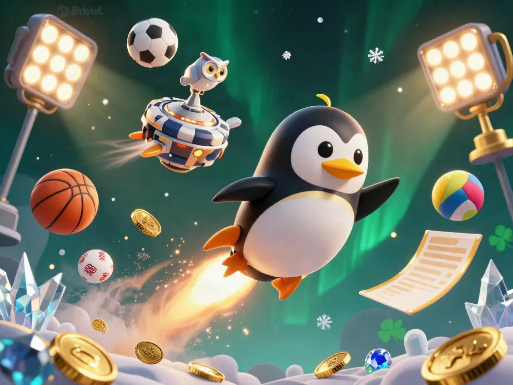 Engage with the exciting world of online gaming at 8kbet with a dynamic illustration of a golden penguin and casino themes.