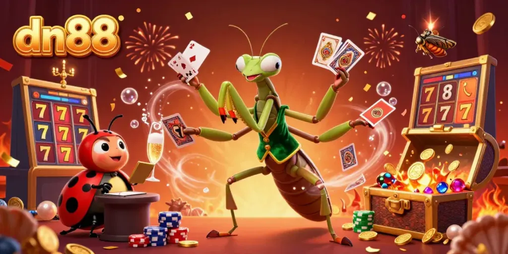 Experience exciting gameplay at dn88 with a vibrant 3D scene featuring a giant mantis and ladybug in a casino setting.