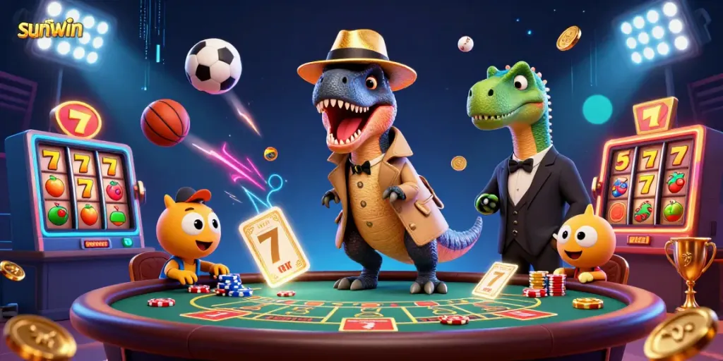 Sunwin players enjoying a dynamic casino environment with vibrant characters and gaming elements.