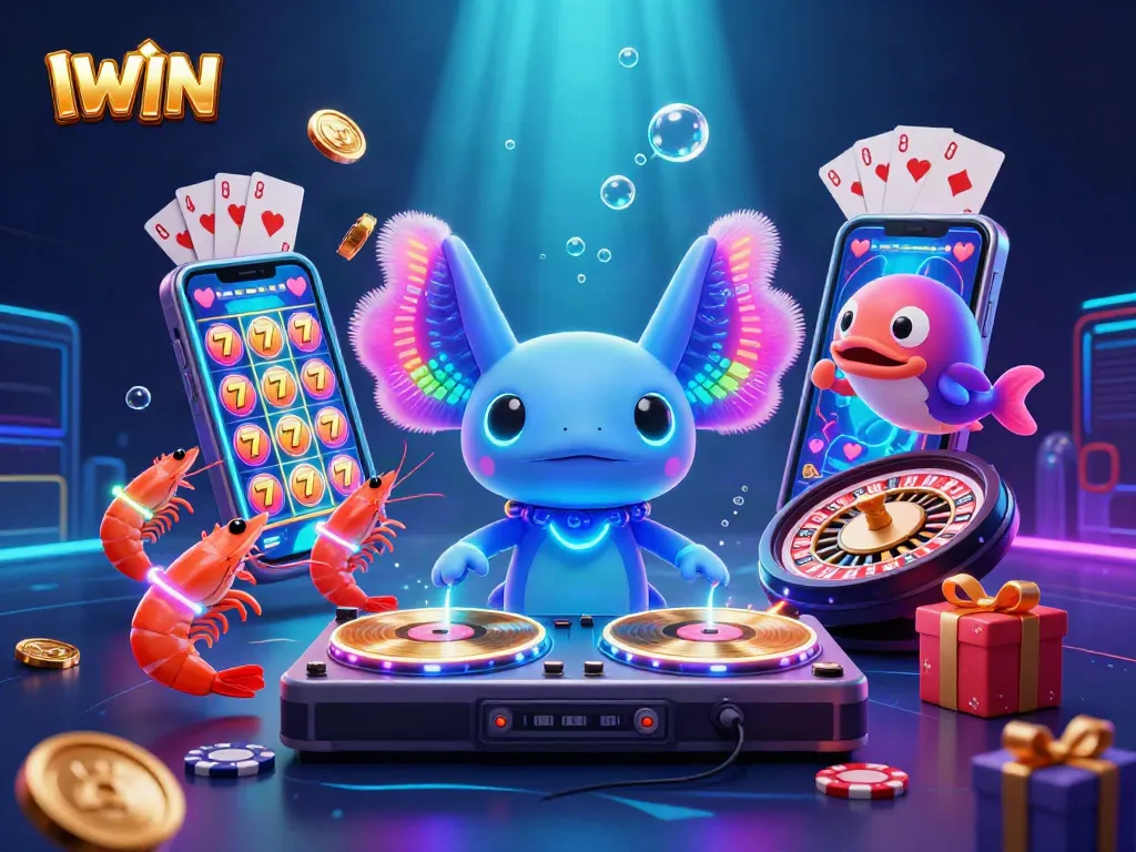 Engage in thrilling action with IWIN's vibrant casino scene featuring DJ axolotl and dynamic game elements.