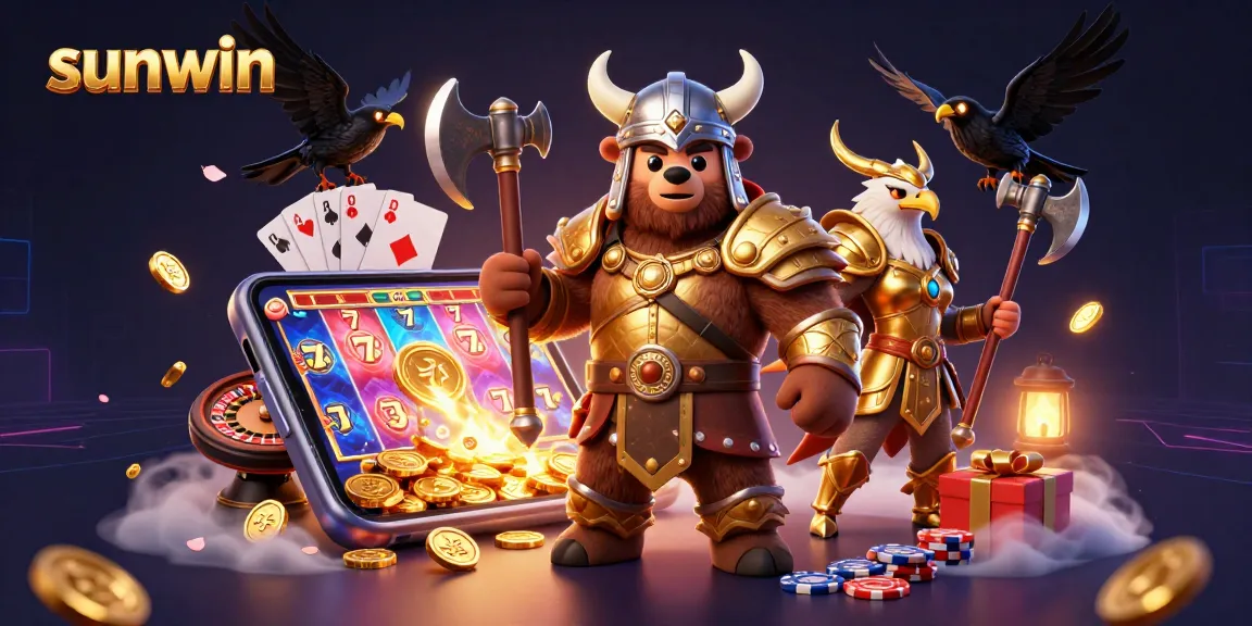 Experience thrilling gameplay at sunwin with an epic Viking bear and Valkyrie eagle amidst vibrant casino elements.