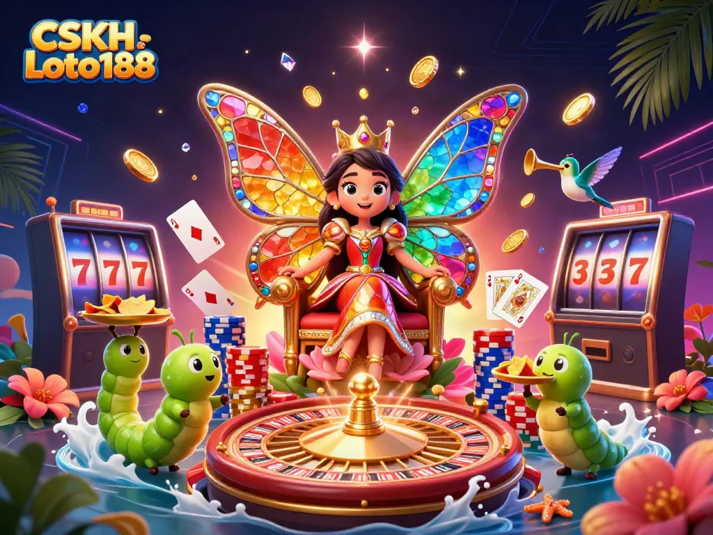 Experience the vibrant world of CSKH Loto188 with a dazzling 3D illustration of a butterfly queen and casino elements.