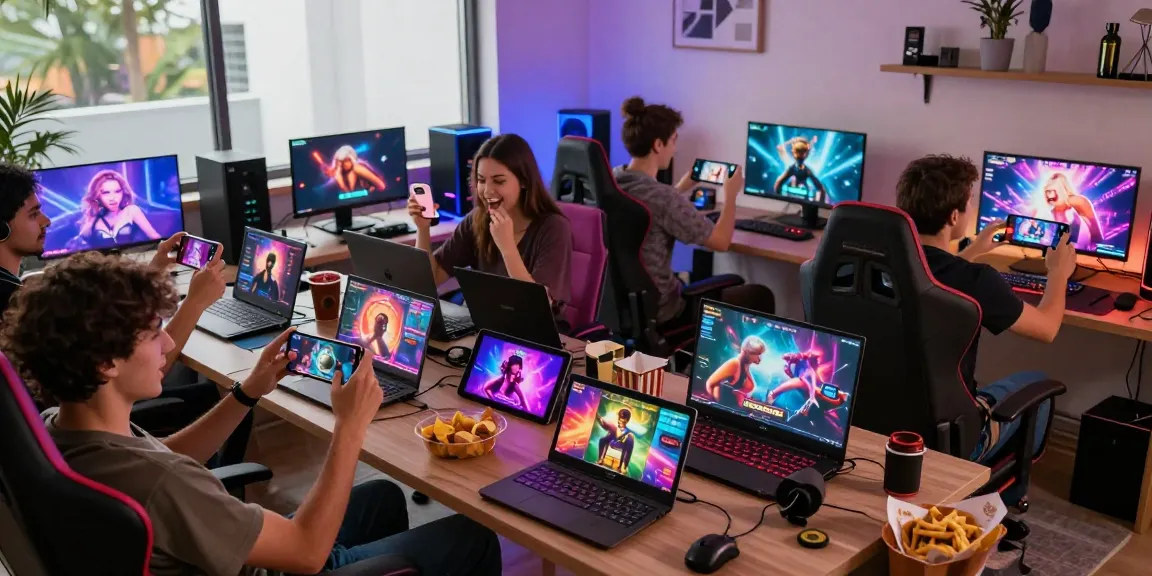 Group playing lewdspot games on devices in a vibrant living room setting, showcasing engaging graphics.