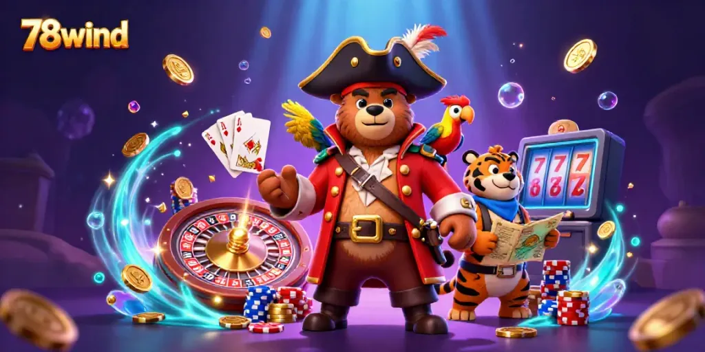 Experience the excitement of 78wind casino with a vibrant pirate-themed 3D illustration.