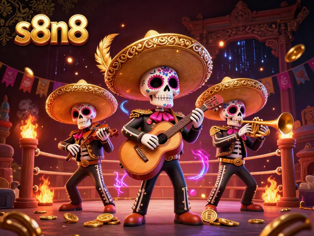 Enjoying vibrant action at s8n8 with Dia de los Muertos skeletons celebrating in a dynamic casino setting.