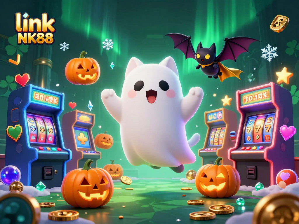 spin and win at link NK88 with a ghost cat and vampire bat in a vibrant haunted casino scene
