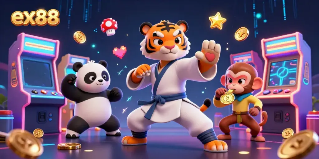 Engage with ex88's thrilling casino experience featuring vibrant characters and dynamic gambling elements.