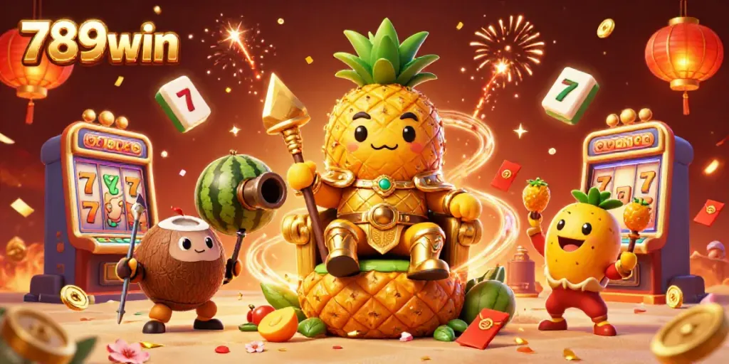 Engage with exciting 789win games in a vibrant casino scene featuring golden characters, slot machines, and festive decorations.