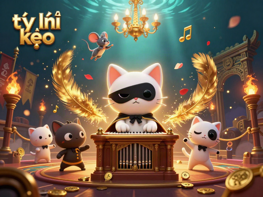 Engage with tỷ lệ kèo in a dynamic casino scene featuring a masked cat and acrobat among sparkling elements.
