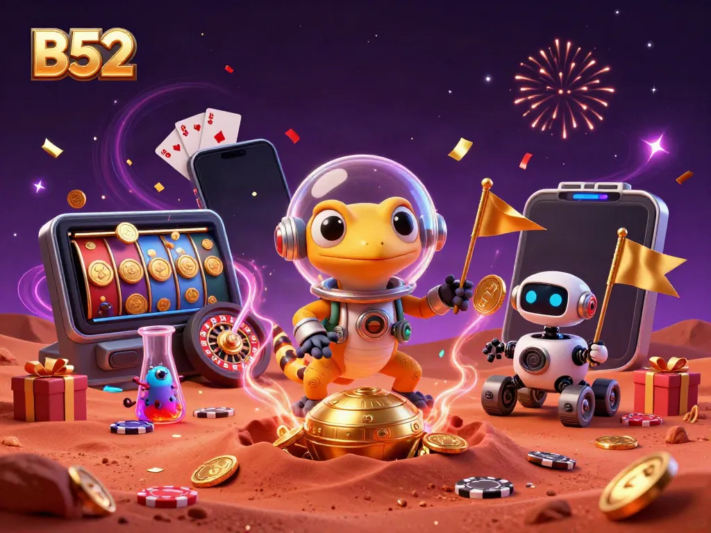 B52-themed Martian casino adventure with a gecko, rover, and alien bacteria in a colorful slot scene.
