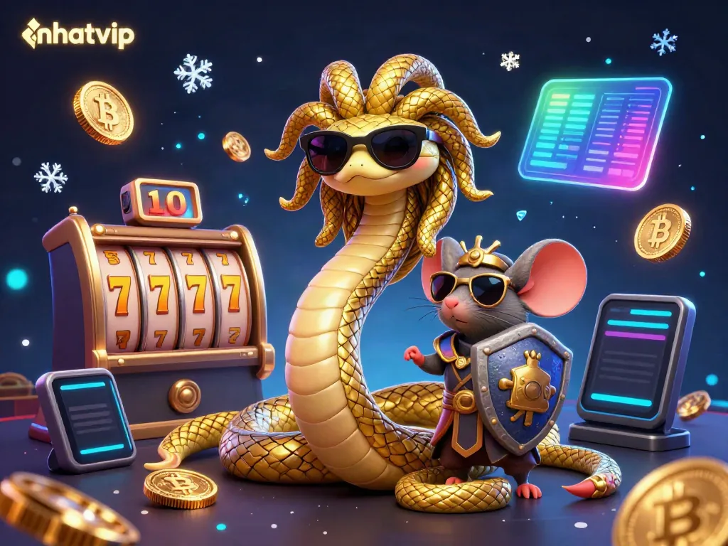 Nhatvip showcases captivating casino-themed characters amidst vibrant slot machine elements.