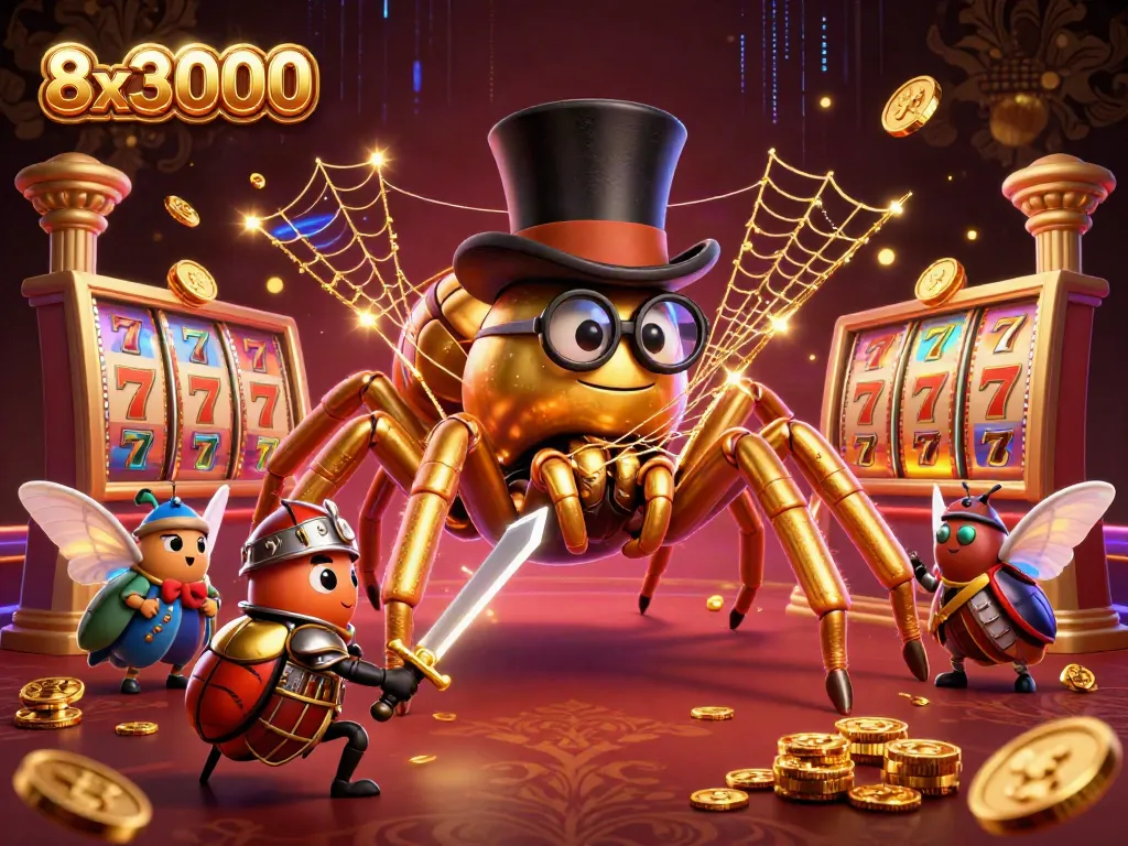 Spin the slot machines at 8x3000 for a chance to win golden treasures in this vibrant casino scene.
