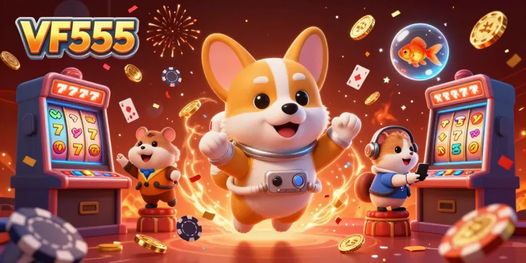 Engaging scene of VF555 with a floating corgi, space casino elements and poker excitement.