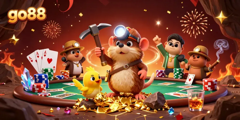 Experience go88's vibrant casino atmosphere with a treasure hunter mole, poker elements, and celebrations.