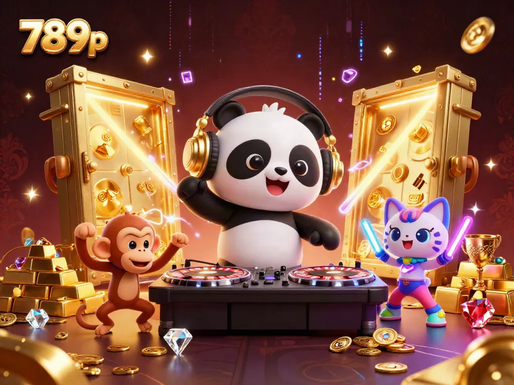 Experience the vibrant 789p casino scene with a DJ panda, breakdancing monkey, and glowing kitten amidst golden treasure.