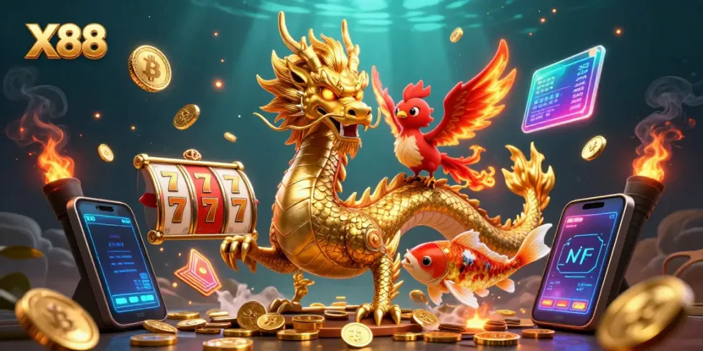 Experience engaging casino action with X88’s vibrant 3D illustration featuring a dragon and phoenix.