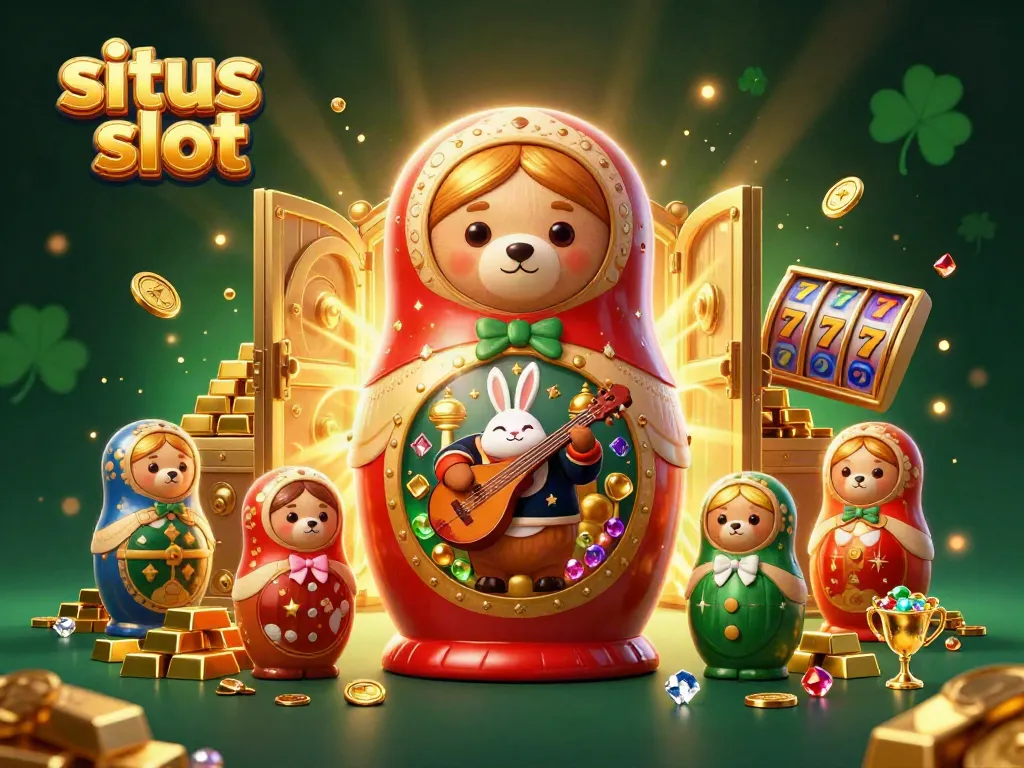 Situs slot illustrated scene showcasing a Matryoshka bear and casino elements, presenting vibrant energy.
