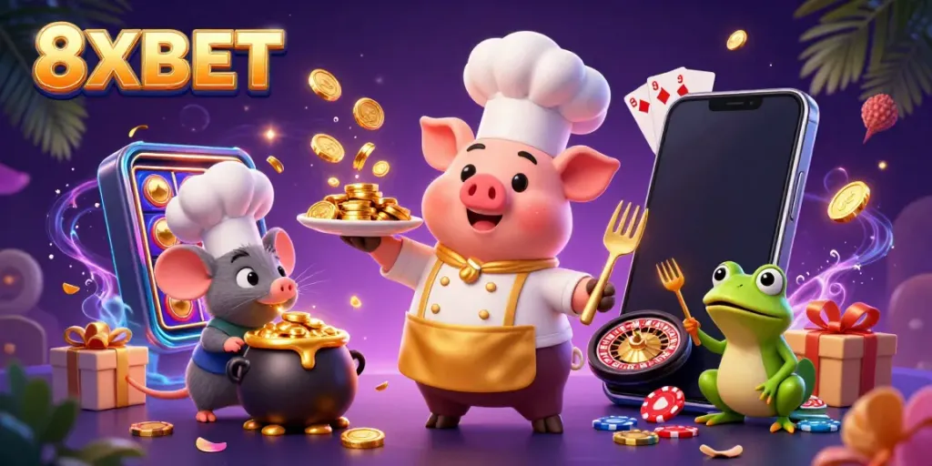 Experience the thrill of 8XBET with vibrant characters serving gold, rich casino elements, and games in a dynamic 3D scene.
