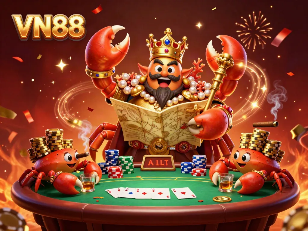 Engage in thrilling poker action with VN88, featuring a golden crab emperor and epic gaming elements.