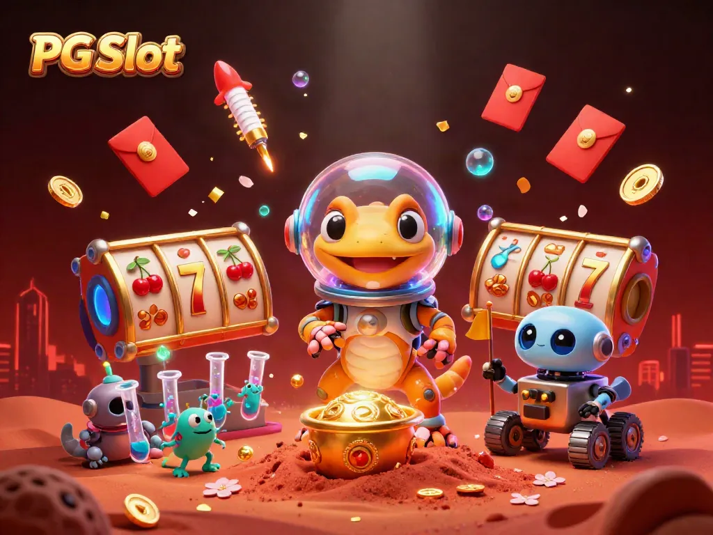 PG Slot brings excitement with a Martian gecko discovering a golden casino, surrounded by slot elements.