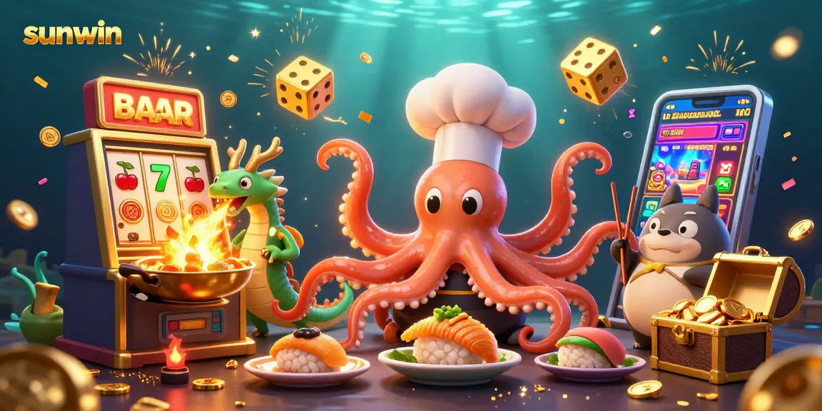 Join the exciting thrills of sunwin as the sushi chef octopus serves up golden dishes in a vibrant casino world.