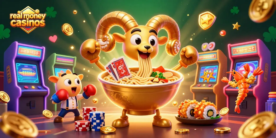 Engage in action at real money casinos with a vibrant illustration of casino-themed characters and elements.