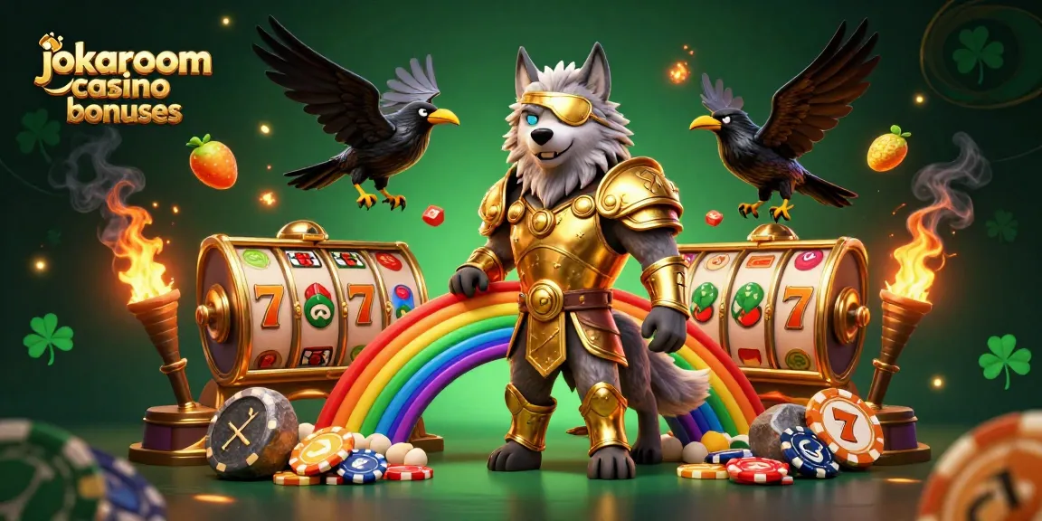 Win big with jokaroom casino bonuses illustrated in vibrant 3D, featuring slot reels and mythical characters!