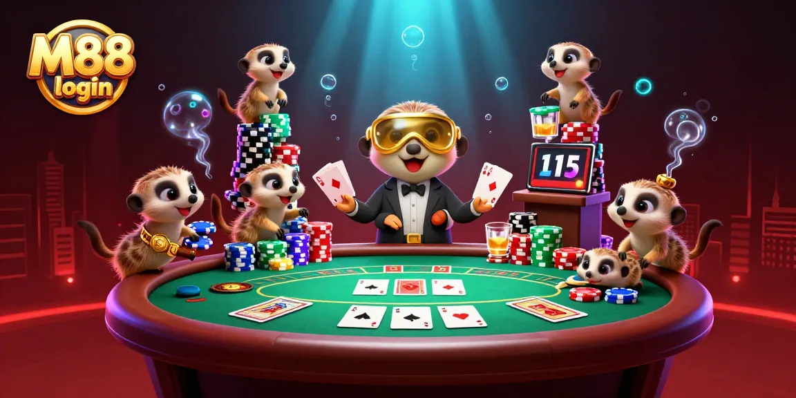 M88 login in a vibrant scene featuring meerkats engaging in lively casino activities alongside poker elements