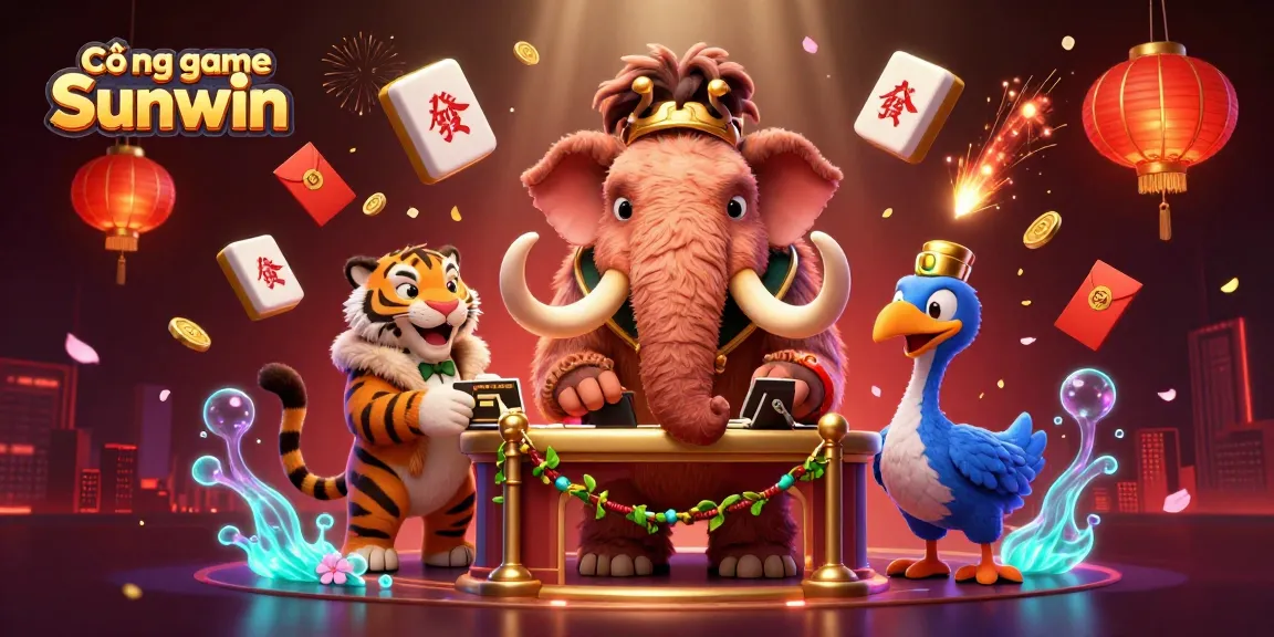Cổng game Sunwin features a whimsical scene with a woolly mammoth bouncer, a saber-tooth tiger VIP, and a dodo door attendant.