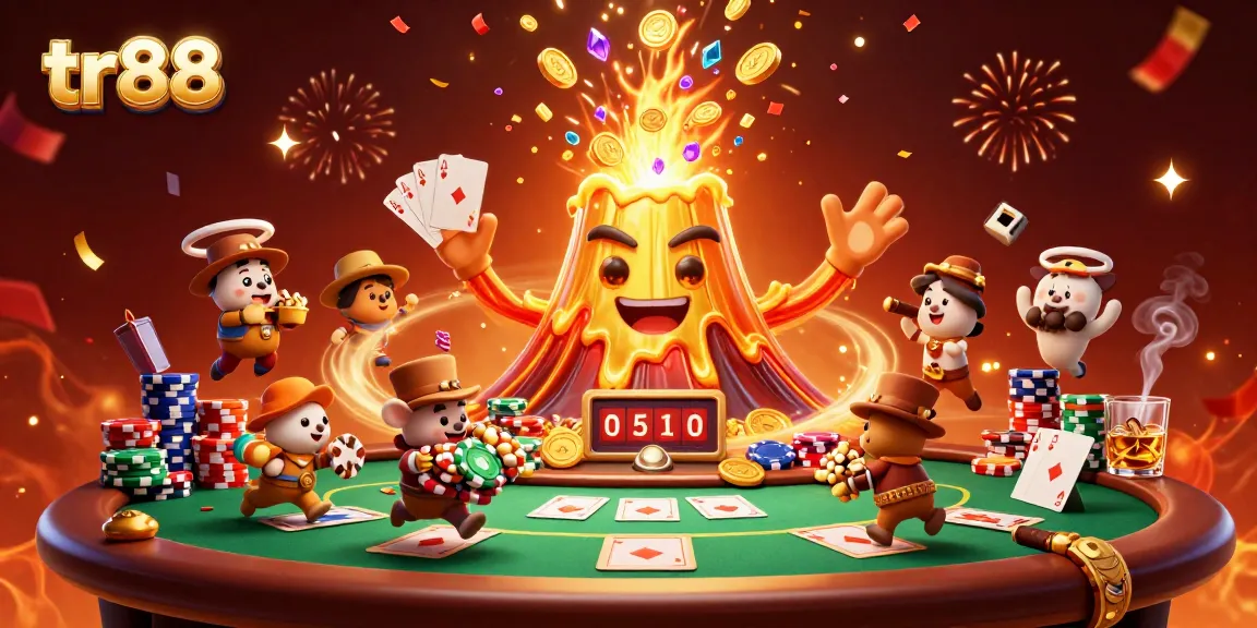 tr88 spins the jackpot with a golden volcano erupting treasure, captivating gamers in a vibrant casino scene