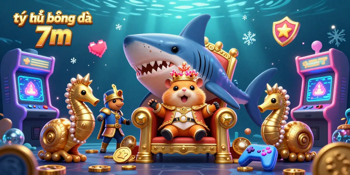 Experience tỷ lệ bóng đá 7m with a vibrant scene featuring a fierce hamster king and royal guards amidst arcade games and glowing elements.