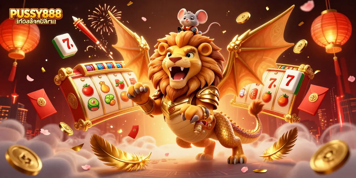 PUSSY888 เกมสล็อตมือถือ features an exciting 3D casino illustration showcasing vibrant slot game elements, captivating viewers.