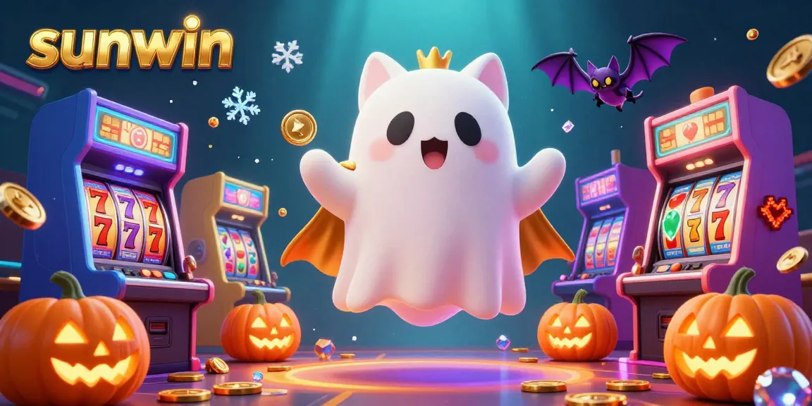 Experience thrilling fun at Sunwin with a ghost cat and vibrant casino games shining brightly.